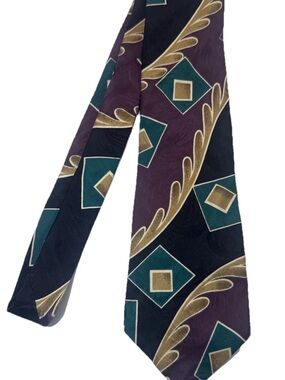 Oscar De La Renta Men’s Tie Purple Black Floral Square Pattern 100% Silk Vintage